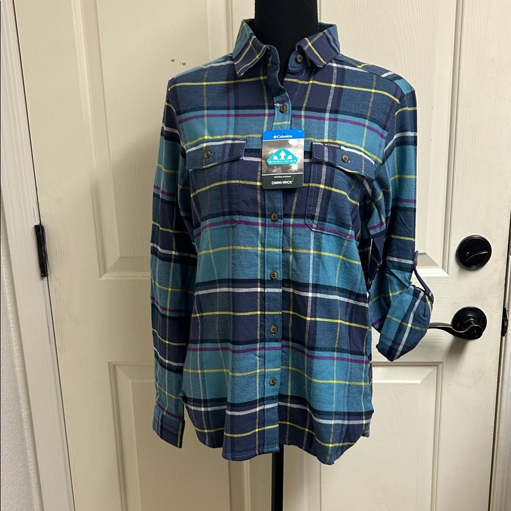 Columbia Omni-Wick teal green, Yellow, Black plaid button down shirt, Small, NWT